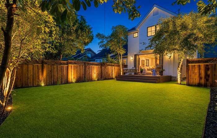 Landscaped rear yard with lawn and uplighting