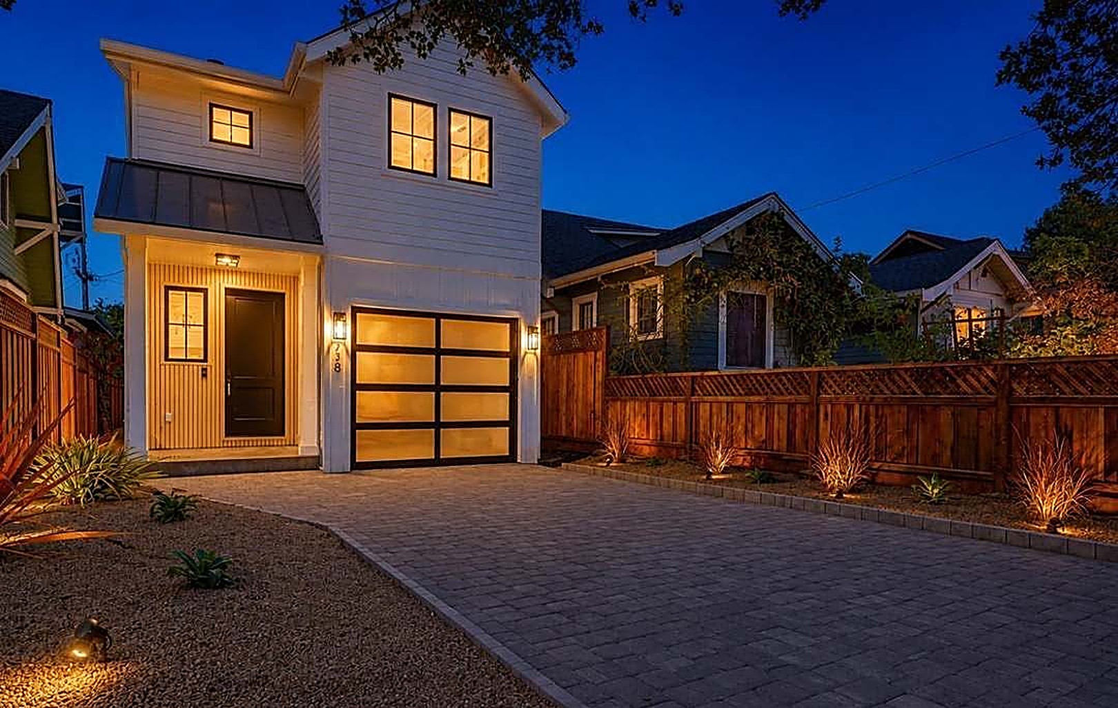 Fairfield new construction modern farmhouse at dusk